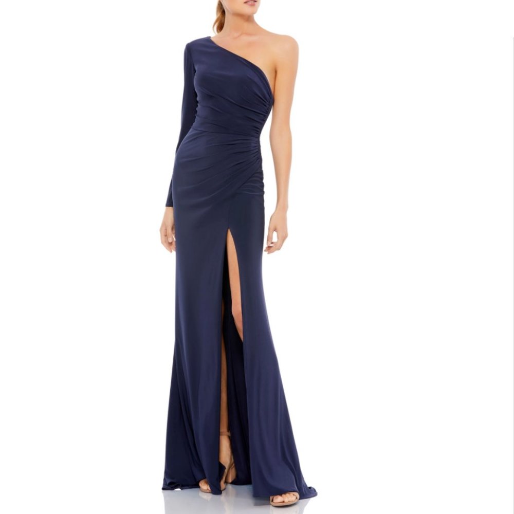 Mac Duggal Stretch Jersey One Sleeve Gathered Waist Gown